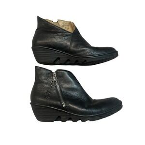 Fly London Leather Ankle Booties Lace Up Wedge Black Women's Size 40 9/9.5 US